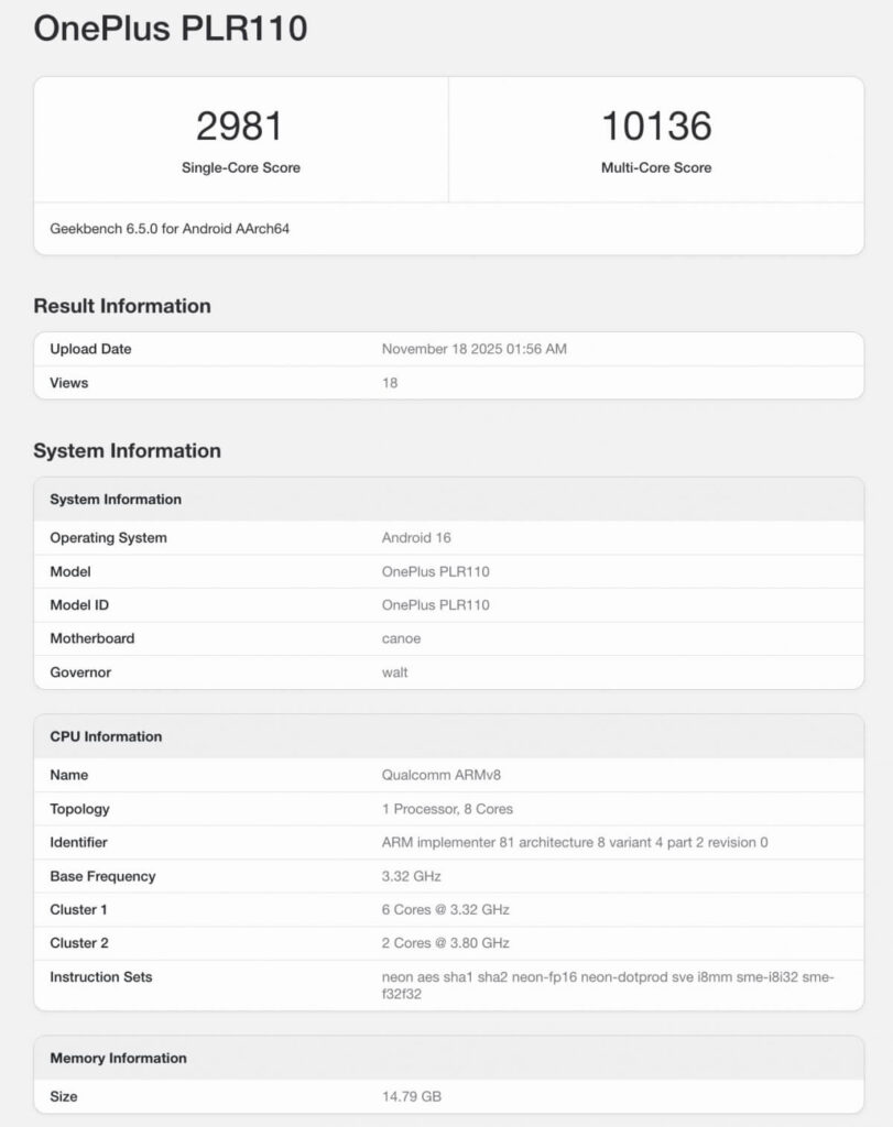 Geekbench-oneplus-ace-6t-details